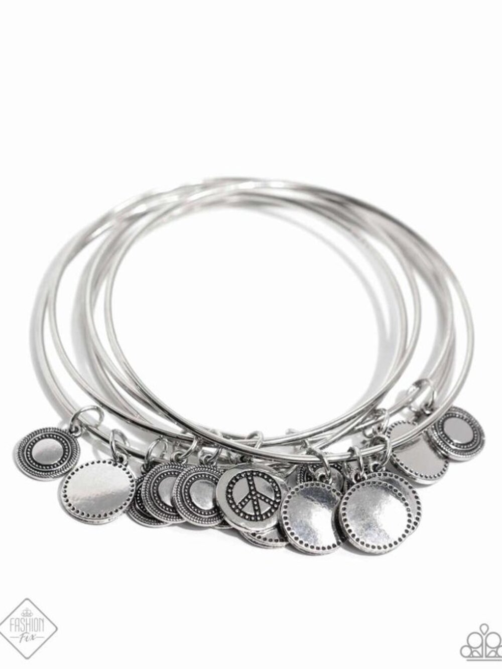 Set of 5 silver tone bangle bracelets with peace sign motif disc